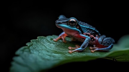 Poster - Macro shot of a vibrant frog sitting on a leaf, showing its striking blue, black, and red skin. The focus highlights the texture of the amphibian's skin and the leaf's surface, set against a dark