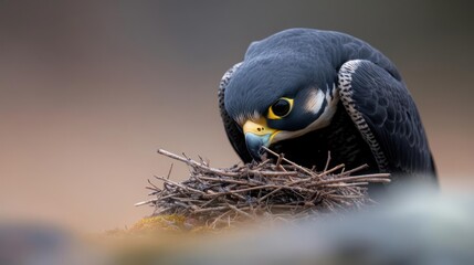 Poster - Close-up of a falcon tending to its nest made of twigs. The falcon has dark feathers and a sharp yellow beak. The background is blurred, focusing attention on the bird and its nest