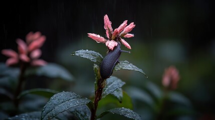Poster - Close up photo captures a vibrant pink flower covered with water droplets against a dark blurred background, highlighting its delicate details and the surrounding foliage, creating a tranquil garden