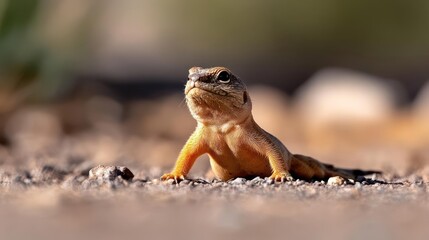 Poster - Close up of a spiny lizard in brown, sun-drenched hues basking in golden light. The reptile is perfectly centered in the shot, capturing its texture in detail against a blurred background, enhancing