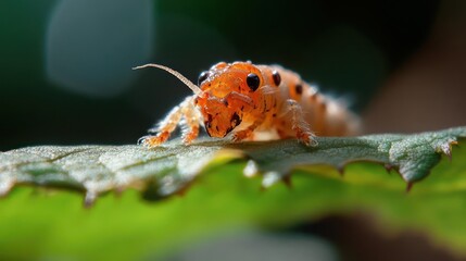 Aufkleber - Close up shot of a small orange insect on a green leaf, the insect features distinctive black spots and a shiny, wet appearance, sitting atop a jagged-edged leaf, with blurred bokeh background