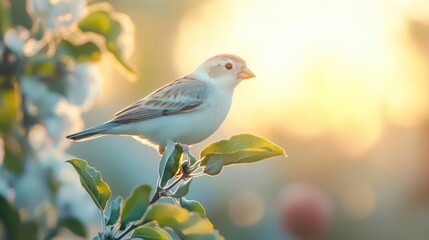 Aufkleber - Close up of a white and brown bird perched on a branch with white flowers against a blurred background of sunlight. The bird is detailed, capturing its features, with dewdrop-like moisture reflecting