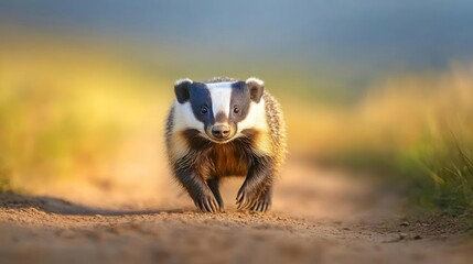 Poster - A badger captured head-on, walking on a dirt path with blurred green and yellow background, with the focus sharply on the badger's face and coat. The lighting is soft and natural, enhancing the