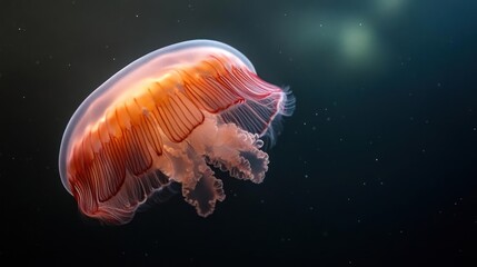 Poster - An orange jellyfish swims in dark water, illuminated by ethereal light. Its delicate tendrils flow gracefully, creating a captivating underwater scene. The image highlights the jellyfish's beauty and