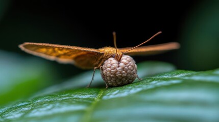 Poster - A vibrant close up shot captures an orange butterfly perched on a textured green leaf, the insect’s intricate patterns and colors contrasted against the blurry dark background, highlighting nature's