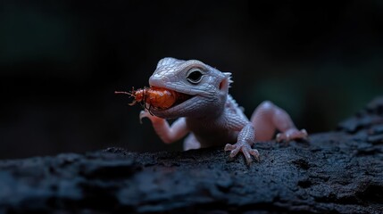 Aufkleber - Close-up of a pale lizard holding a vibrant orange insect in its mouth, perched on a dark, textured branch against a blurred, deep background. The lizard is captured in a moment of predation, its