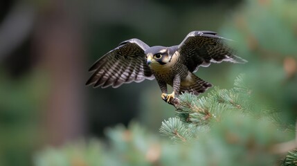 Fototapete - Focused image of a hawk, captured in great detail, perched atop a lush green pine tree, wings partially extended. The sharp focus highlights the hawk's feathers and the pine needles, set against a