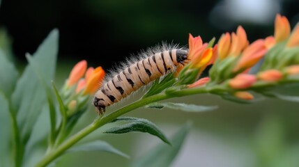 Poster - A close-up shot captures a light tan caterpillar with black markings crawling on a vibrant green plant featuring orange flowers, all set against a blurred background