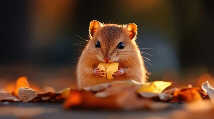 Poster - Close up shot of a chipmunk holding a leaf with both hands, surrounded by leaves in soft diffused lighting with blurred background and shallow depth of field showcasing nature's beauty