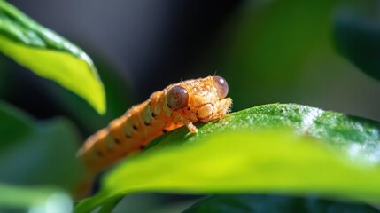 Poster - Close-up shot of an orange caterpillar perched on a vibrant green leaf. The caterpillar's detailed texture and prominent eyes are in focus, set against a blurred background of foliage