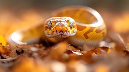 Aufkleber - Close-up of a yellow and white snake in focus, coiled amidst fallen yellow leaves, with blurred background. Captures the snake's texture, color, and environment with bright daylight illumination