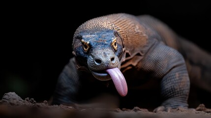 Poster - A close-up shot captures a Komodo dragon with its tongue extended, set against a dark backdrop. The reptile's scales are detailed, with its amber eyes piercing through. Lighting emphasizes its head