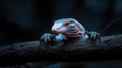 Poster - Close up of a monitor lizard on a branch, showcasing its textured skin and claws. The image features a cool color palette with the lizard's blue and pink tones contrasting against the dark branch and