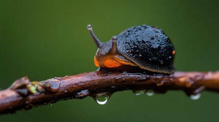Poster - Close-up shot of a black snail with orange spots crawling on a wet branch. The background is a blurred green. The snail is the main subject, its body glistening with moisture