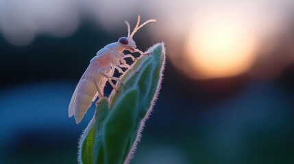 Aufkleber - macro shot of a white insect perched atop a green bud, bathed in soft, natural light against a blurr