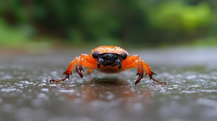 Aufkleber - A vibrant orange beetle with a glossy black head stands out against the blurred background of greenery. Captured up close, the macro shot details its delicate legs and textured exoskeleton on a wet
