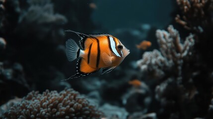 Poster - Close up shot of an orange and white striped fish swimming near coral. The fish is the main subject and the coral reef provides a dark and beautiful background
