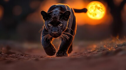 Aufkleber - A powerful black panther strides forward in a low angle shot, its fur gleaming in the warm sunset light, with blurred trees and a vibrant sun setting in background. The panther's intense gaze and