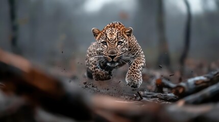 Aufkleber - Focused close-up of a jaguar in mid-leap, dirt kicking up from beneath its paws against a blurred background of a wooded area. The lighting highlights the jaguar's spotted coat and determined