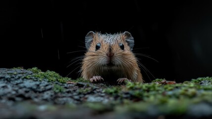 Poster - Detailed close-up of a Eurasian harvest mouse perched on a mossy log, showcasing its small brown body, large eyes, and delicate whiskers. Dark, out-of-focus background accentuates the mouse, with a