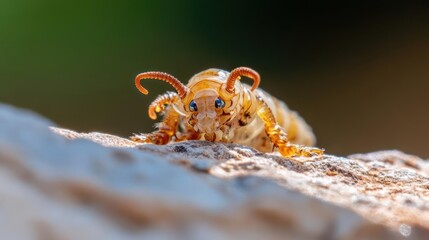 Poster - Close-up shot of a yellow centipede on a textured tan rock, capturing its blue eyes and curly antennae against a blurred green and brown background. The macro photography highlights the insect's