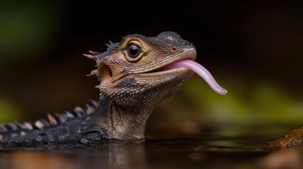 Aufkleber - Captivating close up of a Water Dragon lizard in water. Showing its tongue, the lizard is set against a natural, blurred background of vegetation and earth tones, highlighting its textured skin and