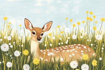 Poster - Peaceful deer rests in a field of colorful dandelions surrounded by vibrant nature