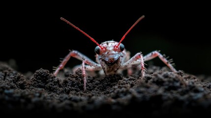 Aufkleber - Macro shot of a unique insect with intricate patterns and textures standing on soil. The insect has red antennae and distinct features, highlighted against a dark background