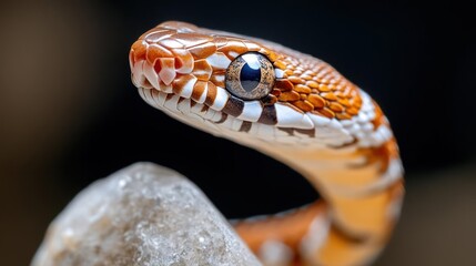 Poster - A close-up shot showcases a vibrant orange and white Corn Snake, perched atop a smooth rock. The snake's detailed scales and striking eyes are prominently displayed against a blurred, dark