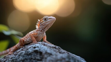 Poster - A close up of a orange lizard with spikes sitting on a rock, focusing on its scales, texture, and posture, with a dark green and blurred yellow background. The lighting highlights the lizard's detail