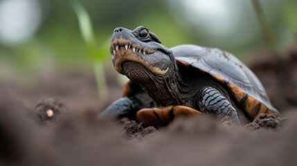 Poster - A detailed close-up captures a black and brown turtle emerging from dark soil, set against a blurred green foliage backdrop. The turtle's textured skin and distinct facial features are in sharp