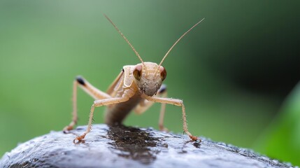 Aufkleber - Detailed eye-level close-up of a light brown grasshopper with dark legs, perched on a wet, dark rock or surface, set against a soft green bokeh background, capturing the intricate textures of the
