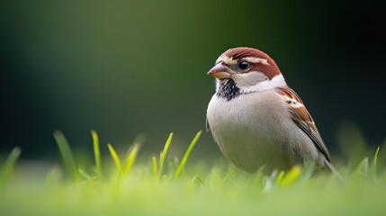 Poster - A sparrow perched on green grass in the foreground with a blurred green backdrop. The bird has brown and white markings and a small beak, standing out in the soft, natural light highlighting its