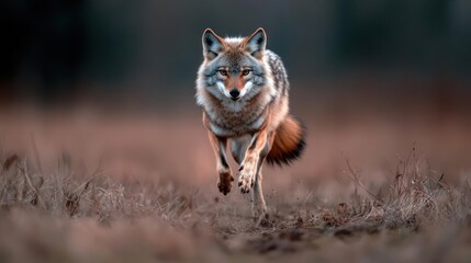 Aufkleber - A coyote captured in motion, running across a field with dry grass. The coyote's coat features a mix of brown, gray, and white fur. The background is blurred, focusing attention on the animal's