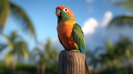 Poster - A vibrant Sun Conure perched atop a wooden post, showcasing its orange, green, and blue plumage. The background features blurred tropical foliage and a bright blue sky with scattered clouds, creating