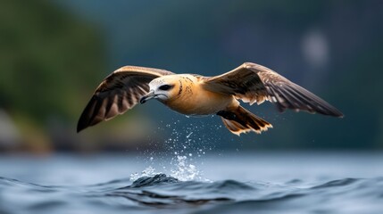 Fototapete - A light brown and white shearwater bird with a white head is flying over splashing blue sea water with a blurred green tree background