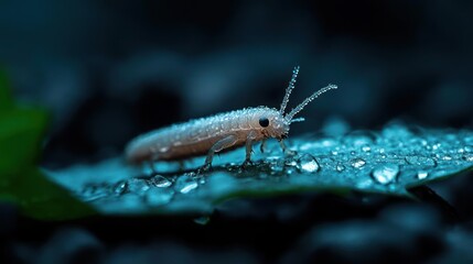 Poster - Close-up captures a moth resting on a leaf adorned with water droplets, rendered in cool blue tones. The moth is detailed, set against a blurred background that highlights its texture and the