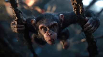 Poster - An immersive portrait captures a chimpanzee hanging from tree branches, with a direct gaze and a slight smile. The lighting accentuates the textures of its dark fur and facial features, set against a
