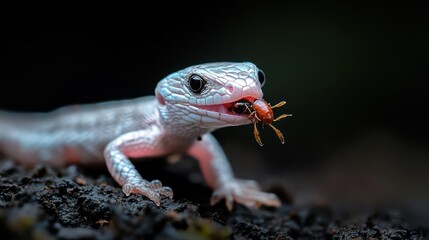 Poster - Close-up shot of a light gray salamander with a reddish hue, devouring a shiny brown beetle against a dark background, highlighting the reptile's predatory behavior and natural feeding habits in an