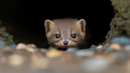 Poster - Detailed close-up of a sable peeking out from a dark burrow entrance. The focus is on the sable's face, highlighting its speckled brown fur and inquisitive expression, set against the blurred