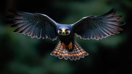 Fototapete - A Peregrine Falcon, distinguished by its blue gray back, barred white underparts, and a black head, wings spread wide against a blurry green forest backdrop, illuminated by a soft light creating a