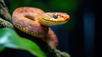Aufkleber - A vibrant orange eyelash viper coils around a mossy branch, its scales detailed and eye captivating. The background is a blurred mix of dark greens and blues, emphasizing the snake's presence in a