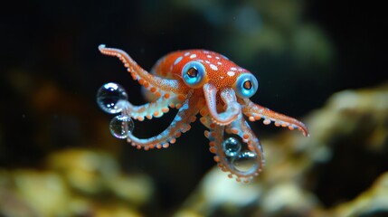 Poster - Close-up of a bright orange and blue octopus with large eyes floating in a dark aquarium with colorful coral. Bubbles cling to its tentacles, showcasing the underwater marine life