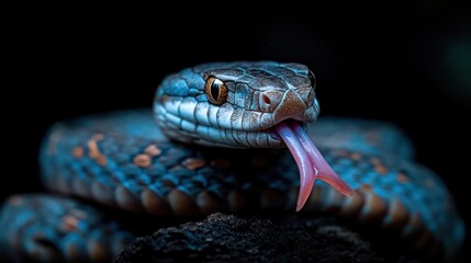 Aufkleber - Dramatic close-up of a blue-gray snake coiled on a dark surface against a stark black backdrop. The reptile's head is centered, with its tongue extended, creating a dynamic focal point. The snake's