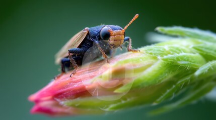 Aufkleber - Close-up shot of a tiny beetle with a dark blue body, orange head, and transparent wings resting on a vibrant flower bud with pink petals and green sepals in a soft focus background