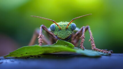 Poster - A close-up shot reveals a colorful ant with a green head and reddish-brown limbs, resting on a leaf with water droplets. The shallow depth of field focuses sharply on the ant's face against a blurred