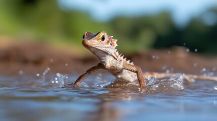 Poster - Close-up shot of a lizard with a brown head and white scaly neck standing in water with a blurred green and blue background. Water splashes around the lizard as it moves through the shallow water