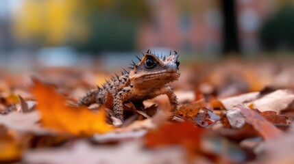 Poster - A close up of a thorny devil lizard blending in with the fallen orange leaves. The scales of the lizard mimic the textures of the surrounding leaves. The background is blurred with buildings and tree