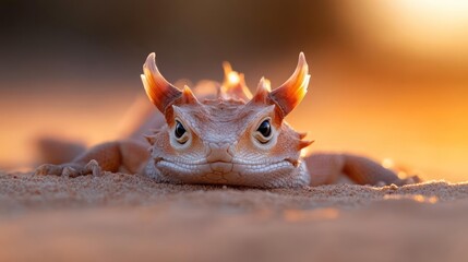 Poster - Close-up shot of a bearded dragon lizard with spiky scales lying on tan sand in a desert environment, with a warm, golden sunset light glowing in the background illuminating the lizard