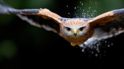 Poster - Close-up shot of a bird of prey, featuring a yellow beak and blurred background. The bird is captured mid-flight, with a shallow depth of field enhancing the focus on its intense gaze. Dark